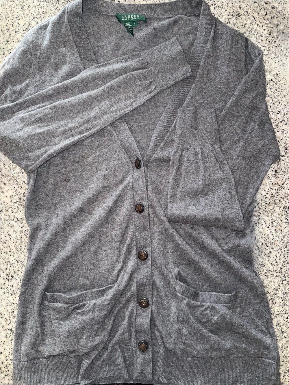 VTG 90s Lauren Ralph Lauren Gray Cardigan Large Equestrian Brass Horse Buttons